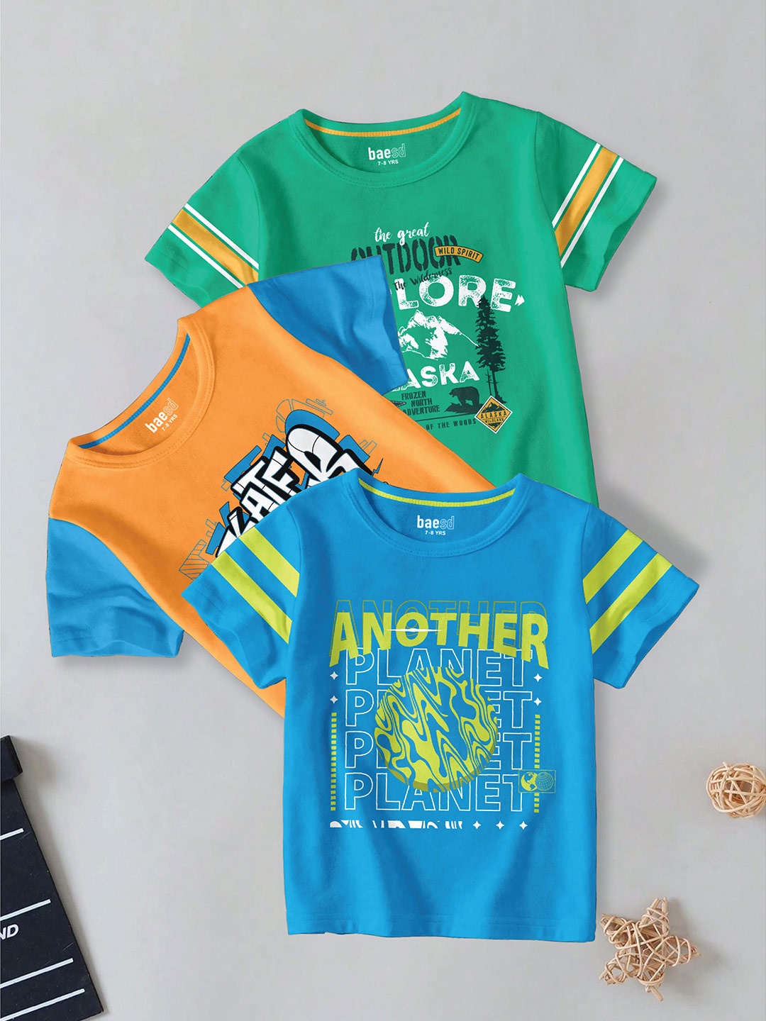 

BAESD Boys Pack of 3 Typography Printed Round Neck Cotton T-shirt, Green