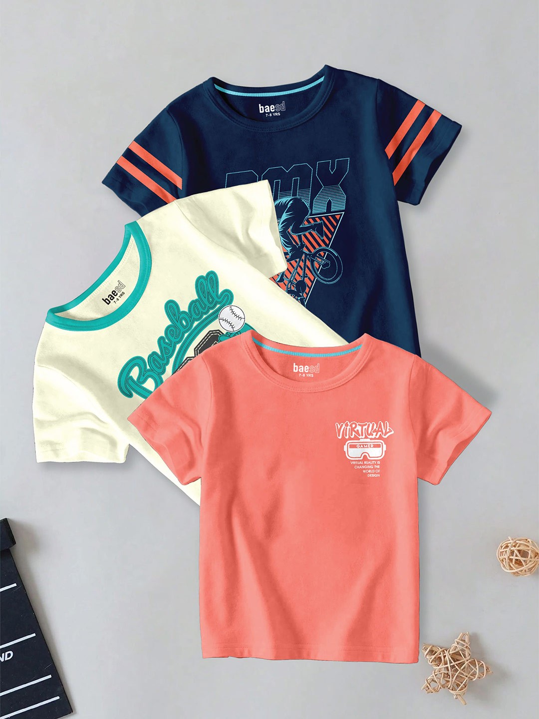 

BAESD Boys Pack Of 3 Typography Printed Round Neck Cotton T-shirt, Navy blue