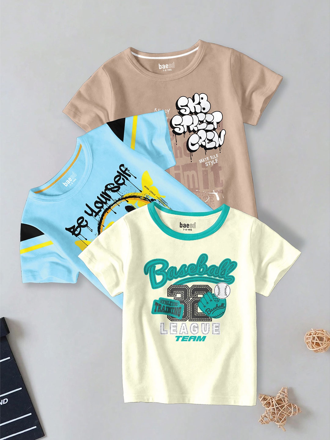 

BAESD Boys Pack Of 3 Typography Printed Round Neck Cotton T-shirt, Brown