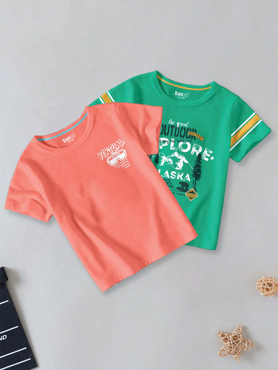 BAESD Boys Pack Of 2 Typography Printed Round Neck Cotton T-shirt, Orange