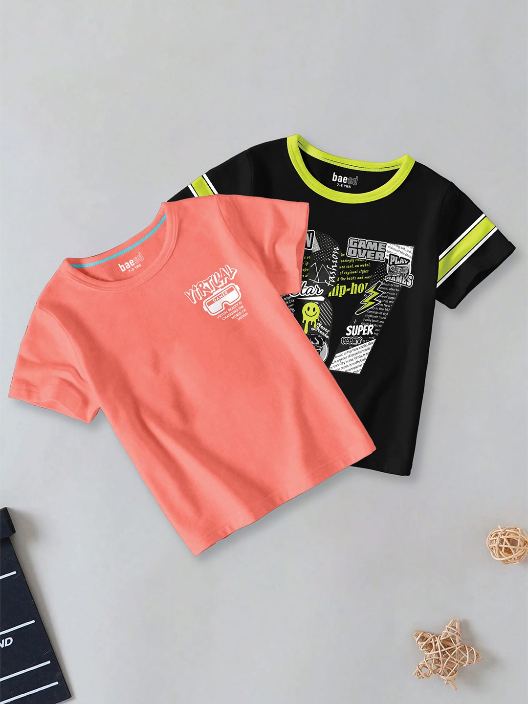 

BAESD Boys Pack Of 2 Typography Printed Round Neck Cotton T-shirt, Orange