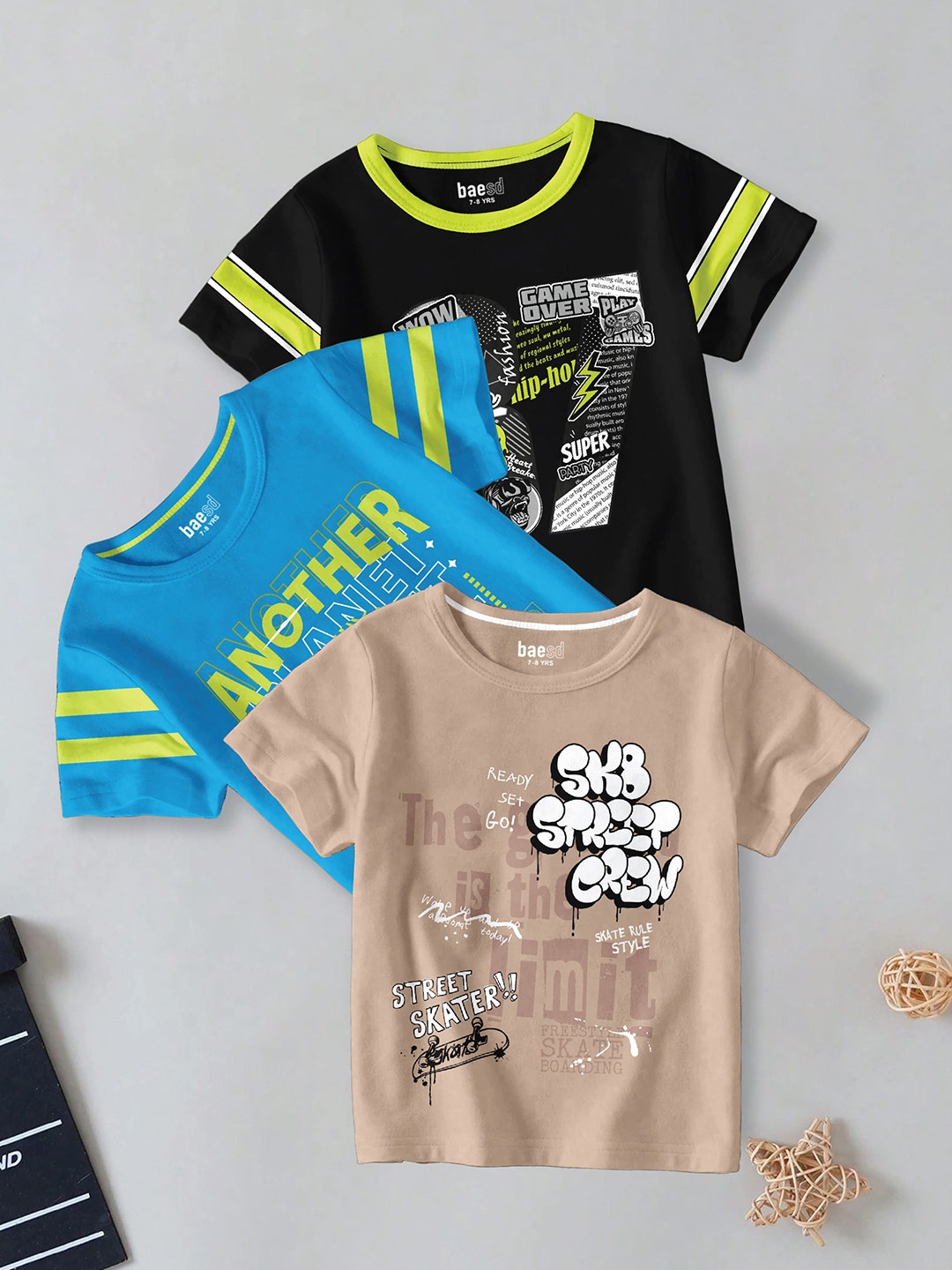 

BAESD Boys Typography 3 Printed Applique T-shirt, Multi