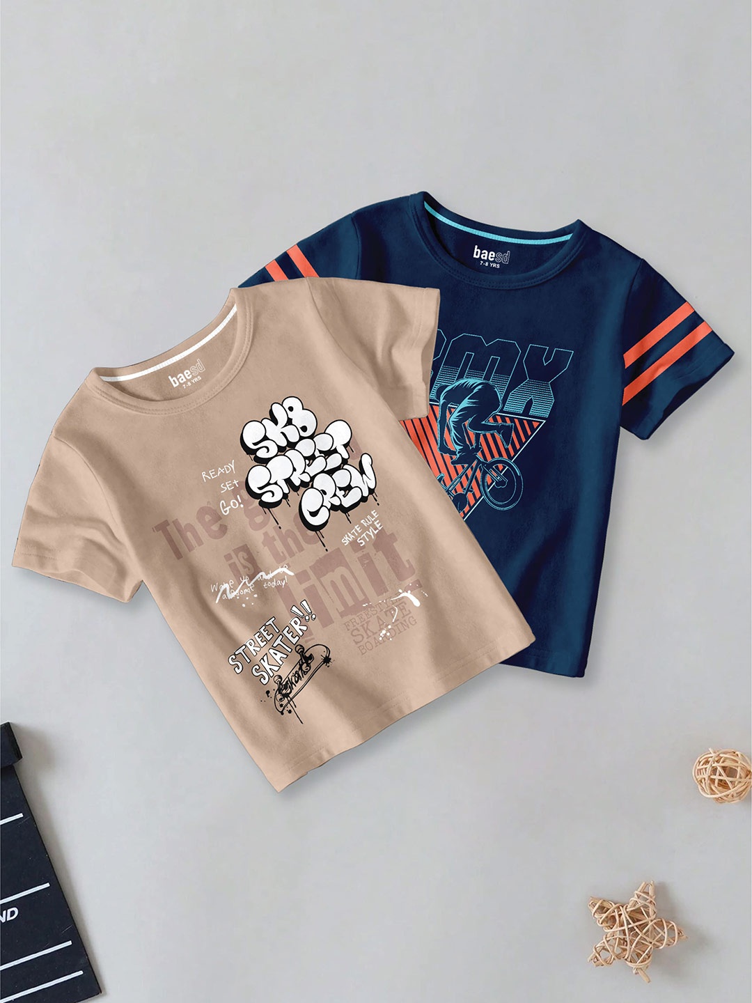 BAESD Boys Pack Of 2 Typography Printed Round Neck Cotton T-shirt, Navy blue