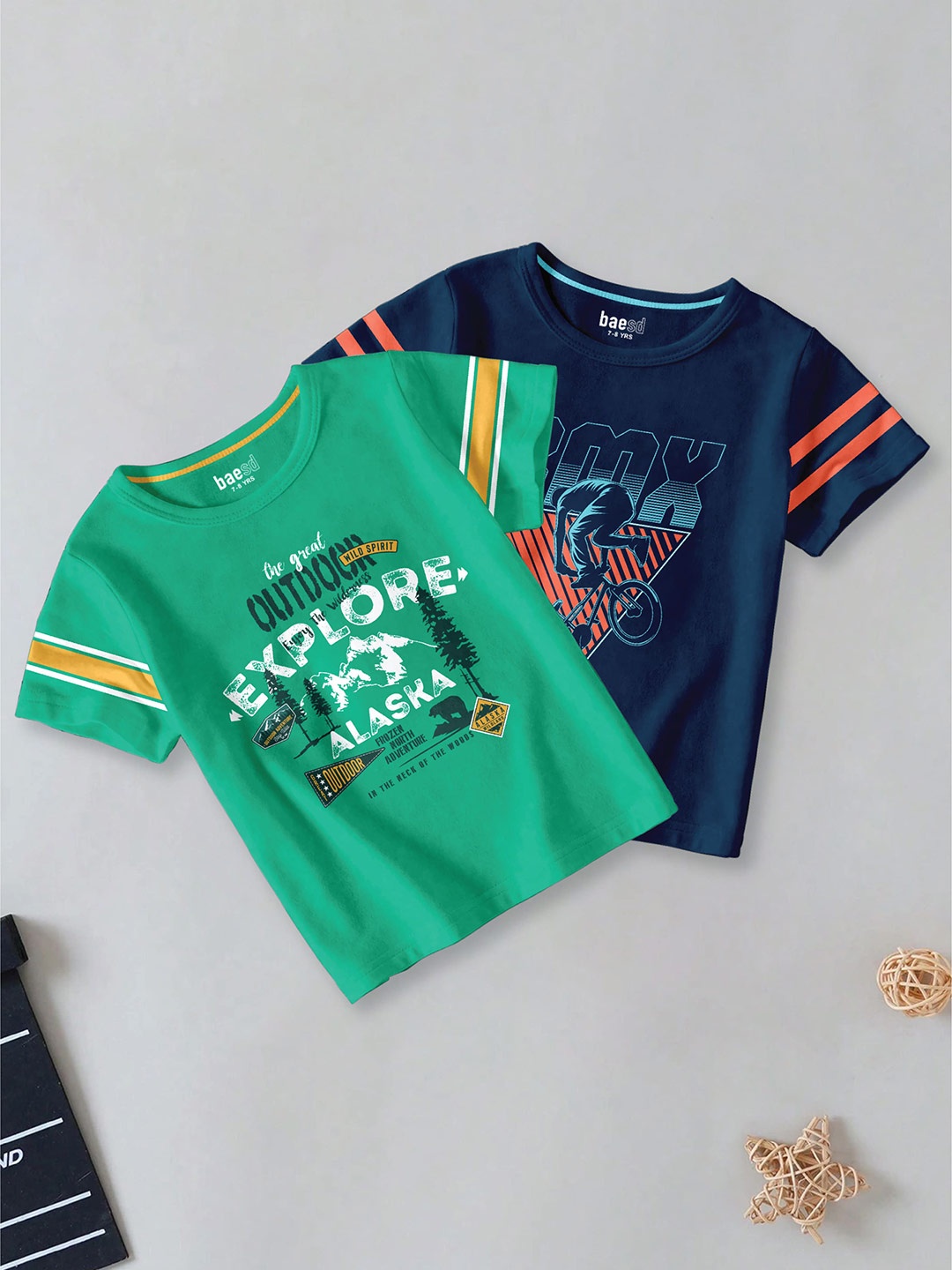 BAESD Boys Pack Of 2 Typography Printed Round Neck Cotton T-shirt, Navy blue