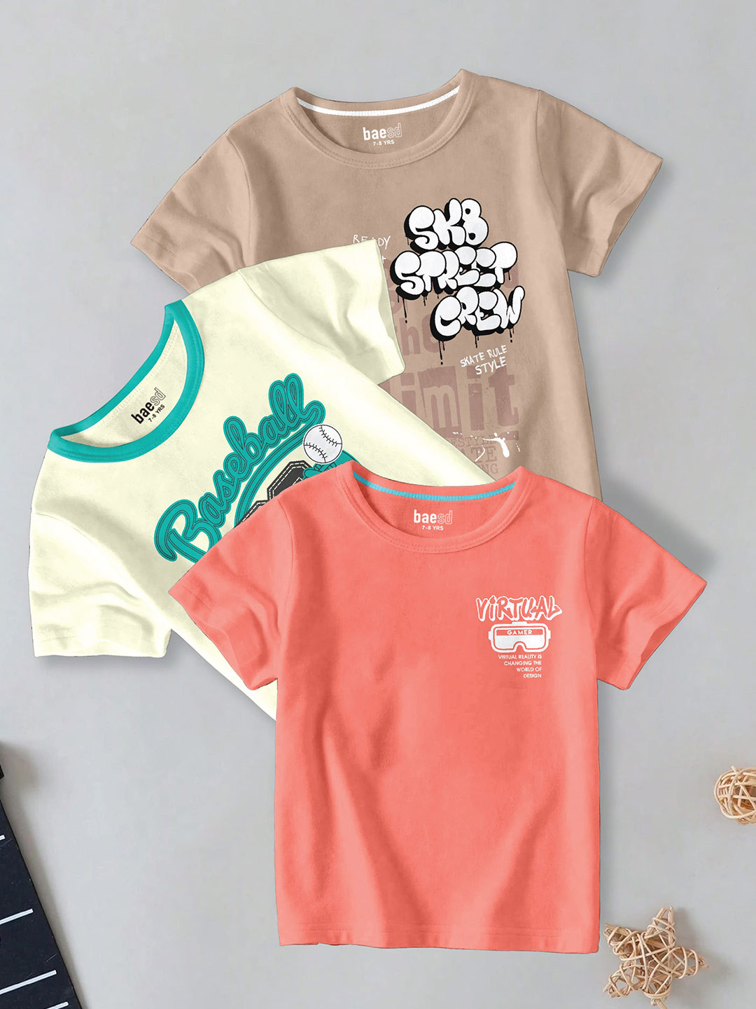 

BAESD Boys Pack Of 3 Typography Printed Round Neck Cotton T-shirt, Brown