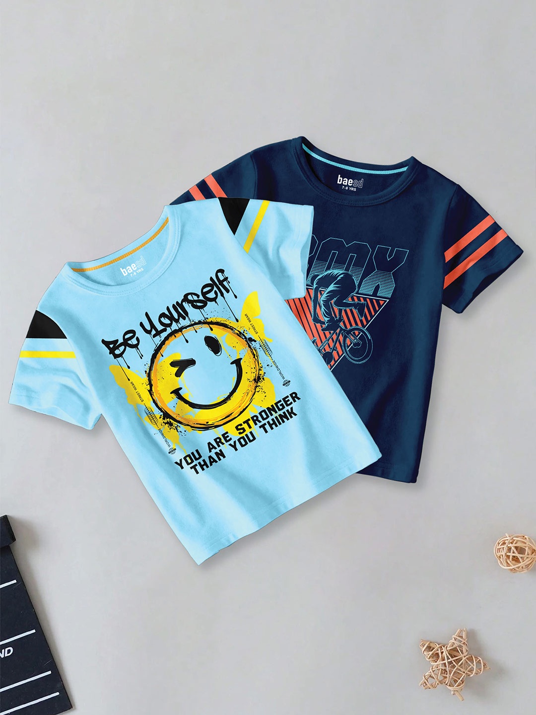 

BAESD Boys Pack of 2 Typography Printed Round Neck Cotton T-shirt, Navy blue