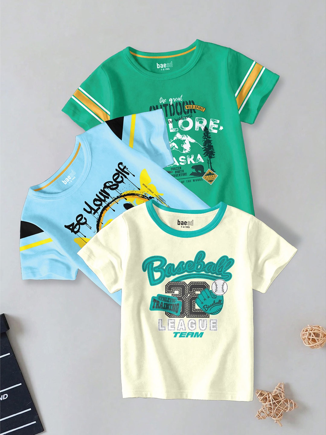 

BAESD Boys Pack of 3 Typography Printed Round Neck Cotton Casual T-shirt, Green