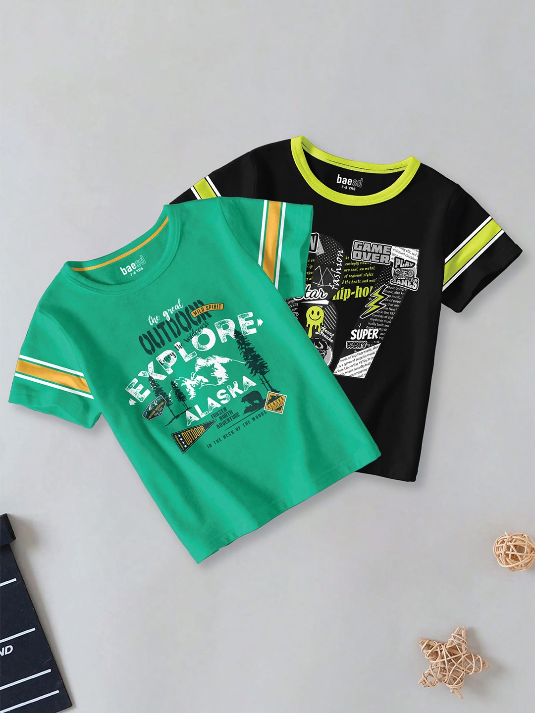 

BAESD Boys Pack Of 2 Typography Printed Round Neck Short Sleeves Cotton T-shirt, Green