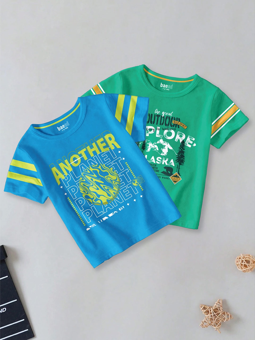 

BAESD Boys Pack Of 2 Typography Printed Round Neck Cotton T-shirt, Blue