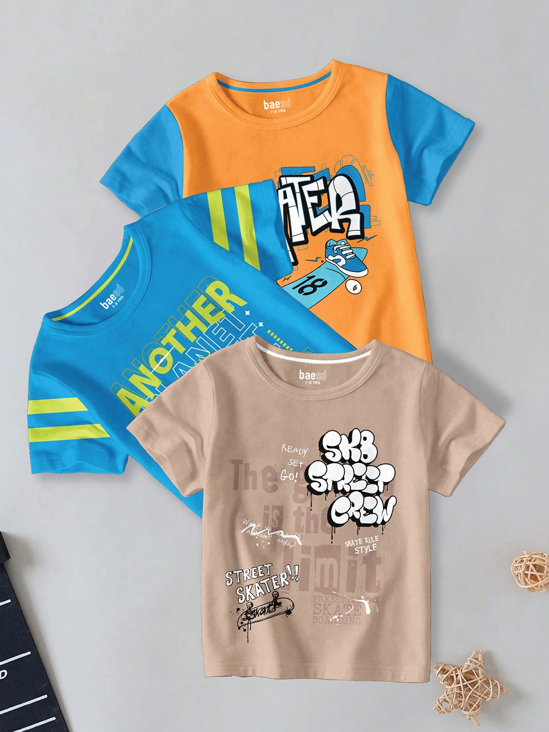 

BAESD Boys Pack Of 3 Typography Printed Round Neck Cotton T-shirt, Orange