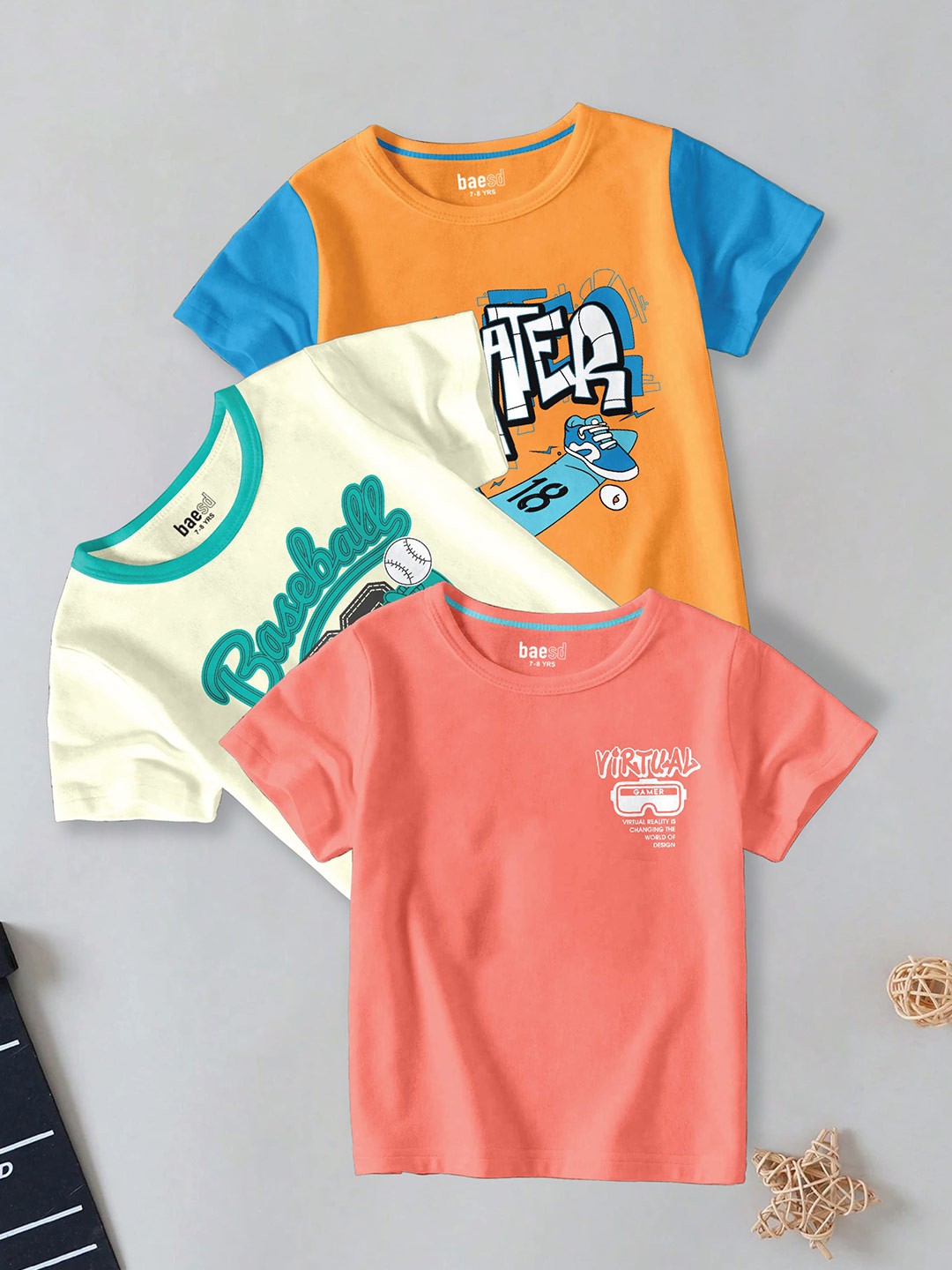 

BAESD Boys Pack Of 3 Typography Printed Round Neck Short Sleeves Cotton T-shirts, White