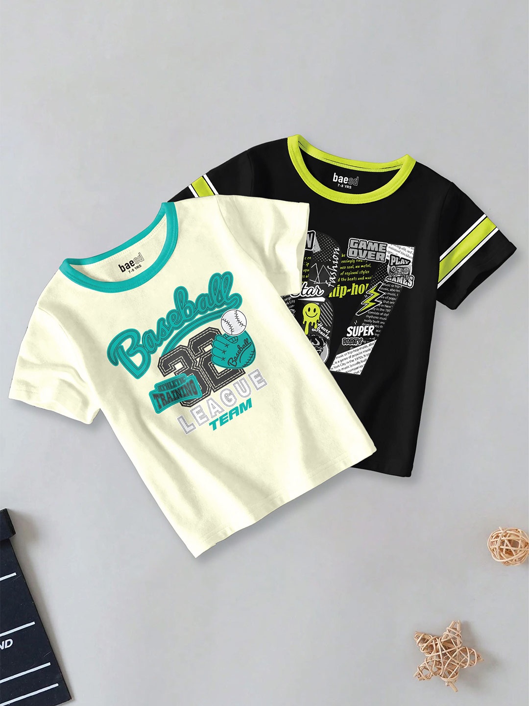 BAESD Boys Pack of 2 Typography Printed Round Neck Cotton T-shirt, Off white