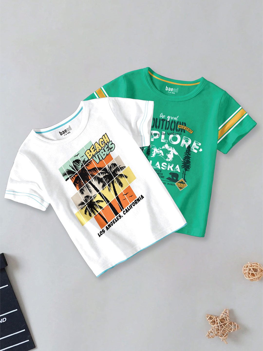 

BAESD Boys Pack Of 2 Typography Printed Round Neck Cotton T-shirt, Green