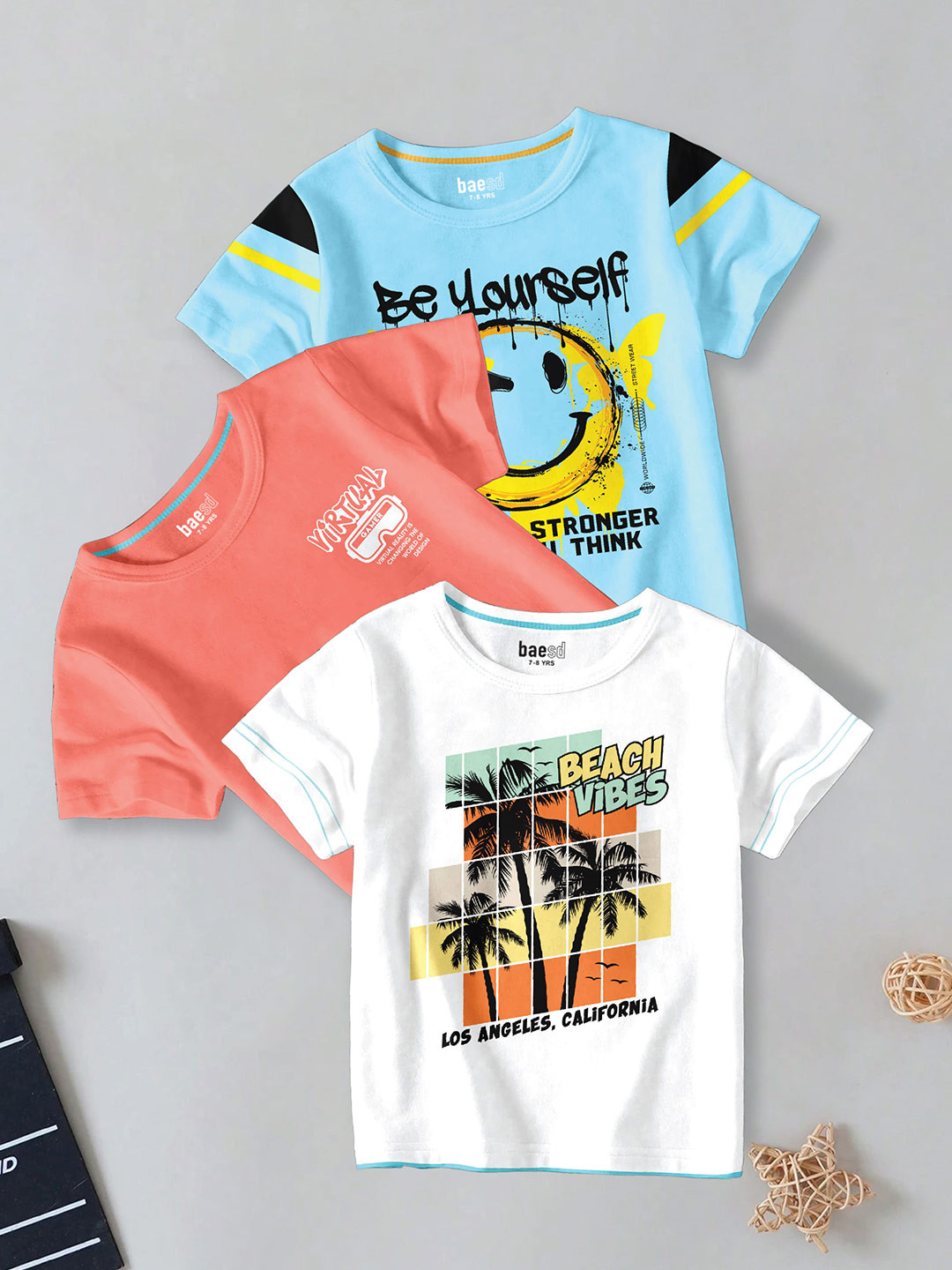 

BAESD Boys Pack Of 3 Typography Printed Round Neck Short Sleeves Cotton T-shirts, White