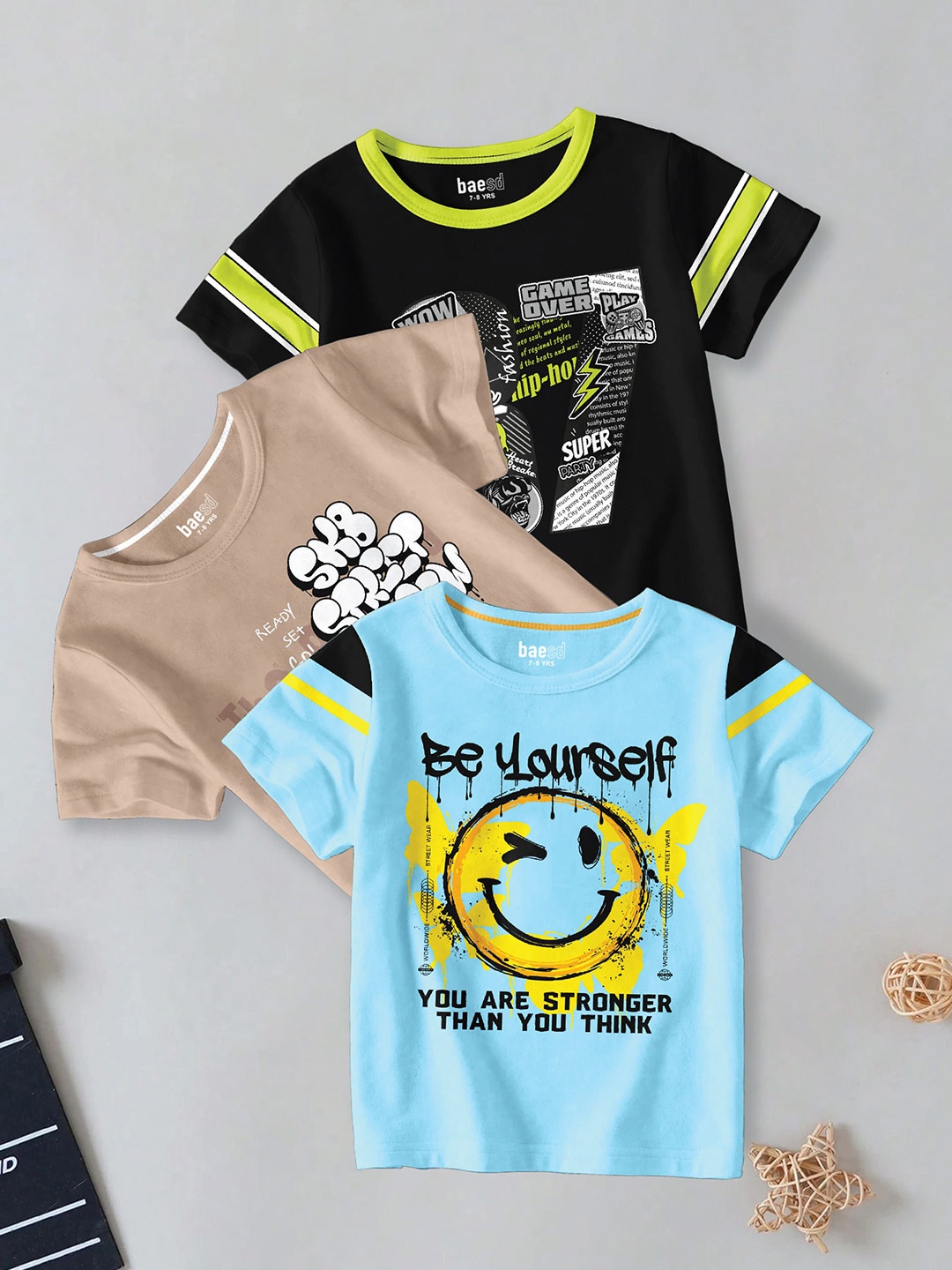 BAESD Boys Pack Of 3 Typography Printed Round Neck Cotton T-shirt, Black