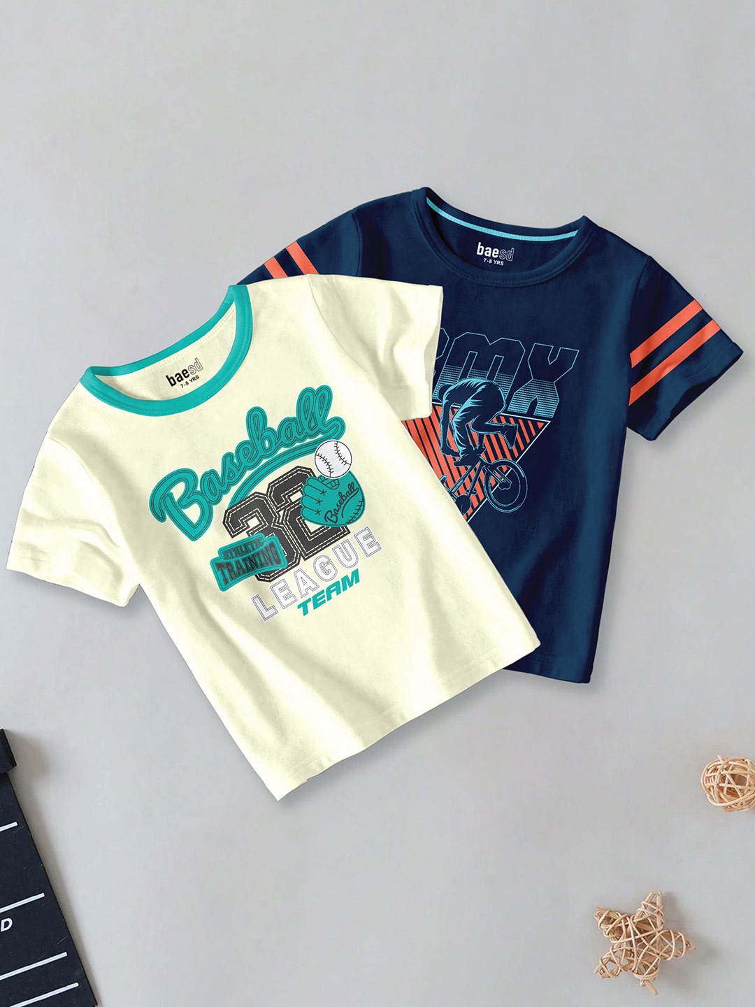 

BAESD Boys Pack Of 2 Typography Printed Round Neck Cotton T-shirt, Navy blue