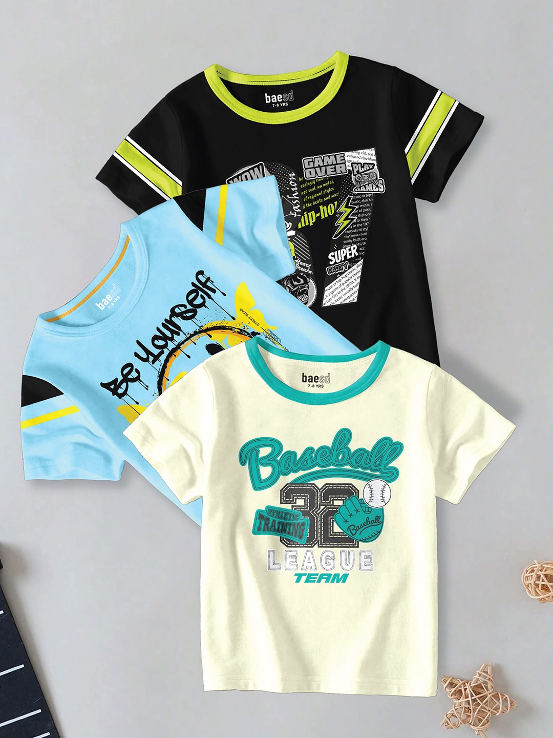 

BAESD Boys Pack Of 3 Typography Printed Round Neck Short Sleeves Cotton T-shirt, White