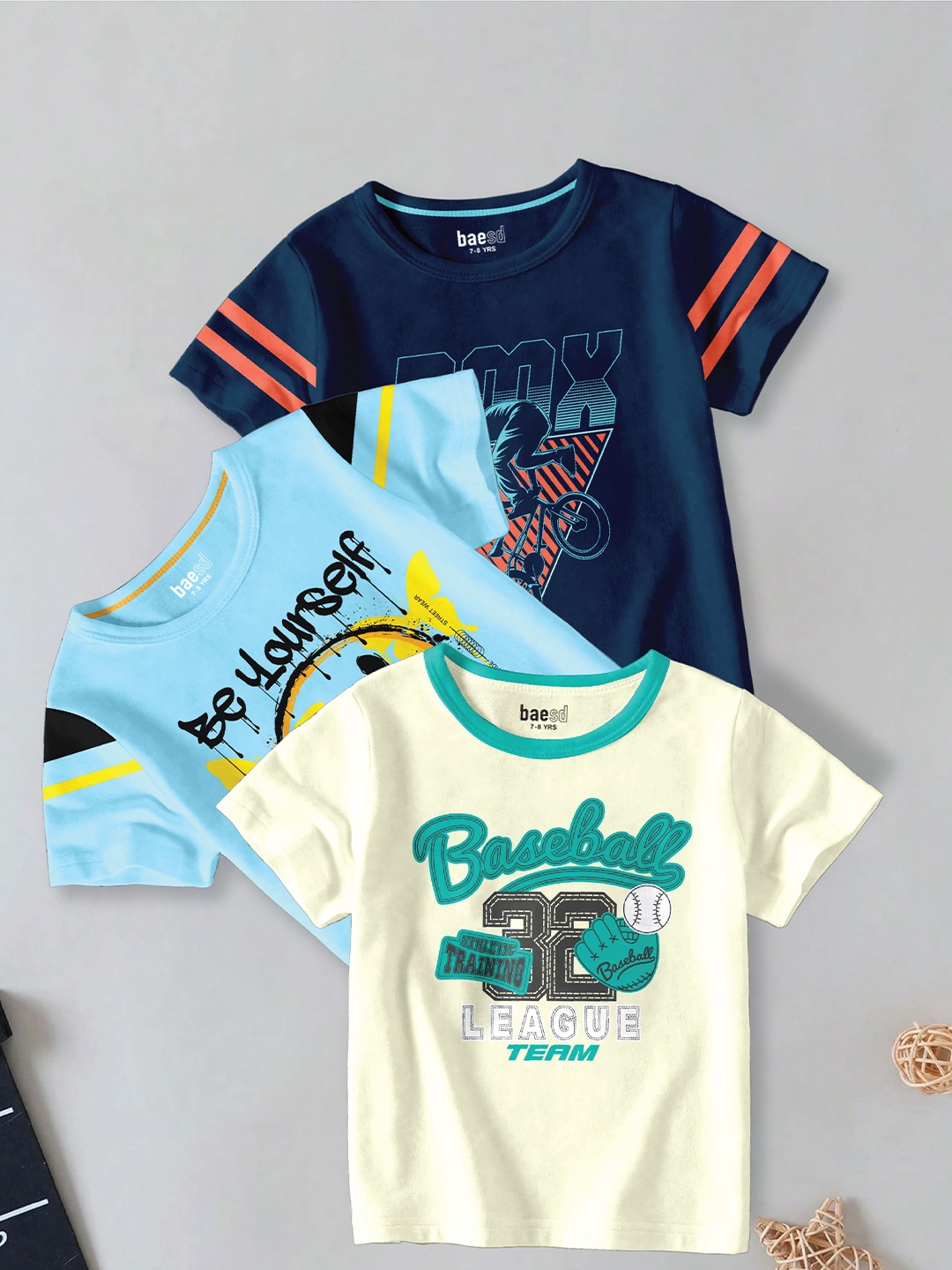 

BAESD Boys Pack of 3 Typography Printed Round Neck Cotton T-shirt, Navy blue