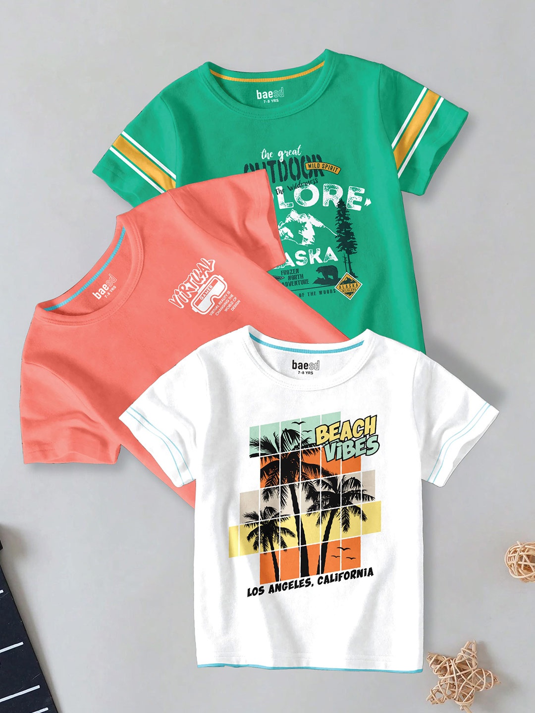 

BAESD Boys Pack Of 3 Typography Printed Round Neck Short Sleeves Cotton T-shirt, Green