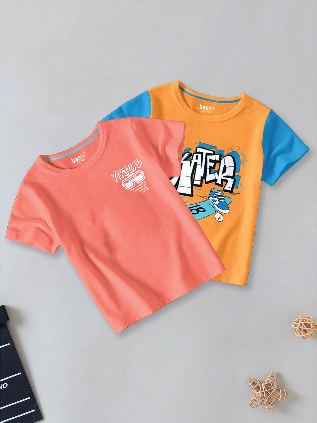 BAESD Boys Pack of 2 Typography Printed Round Neck Cotton T-shirt, Peach