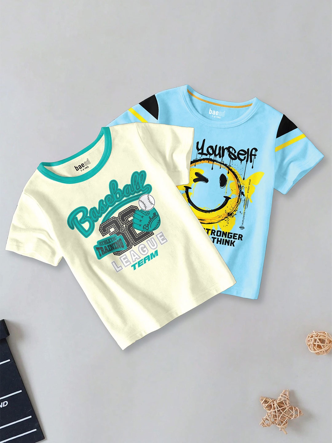 BAESD Boys Pack Of 2 Typography Printed Round Neck Cotton T-shirt, Blue