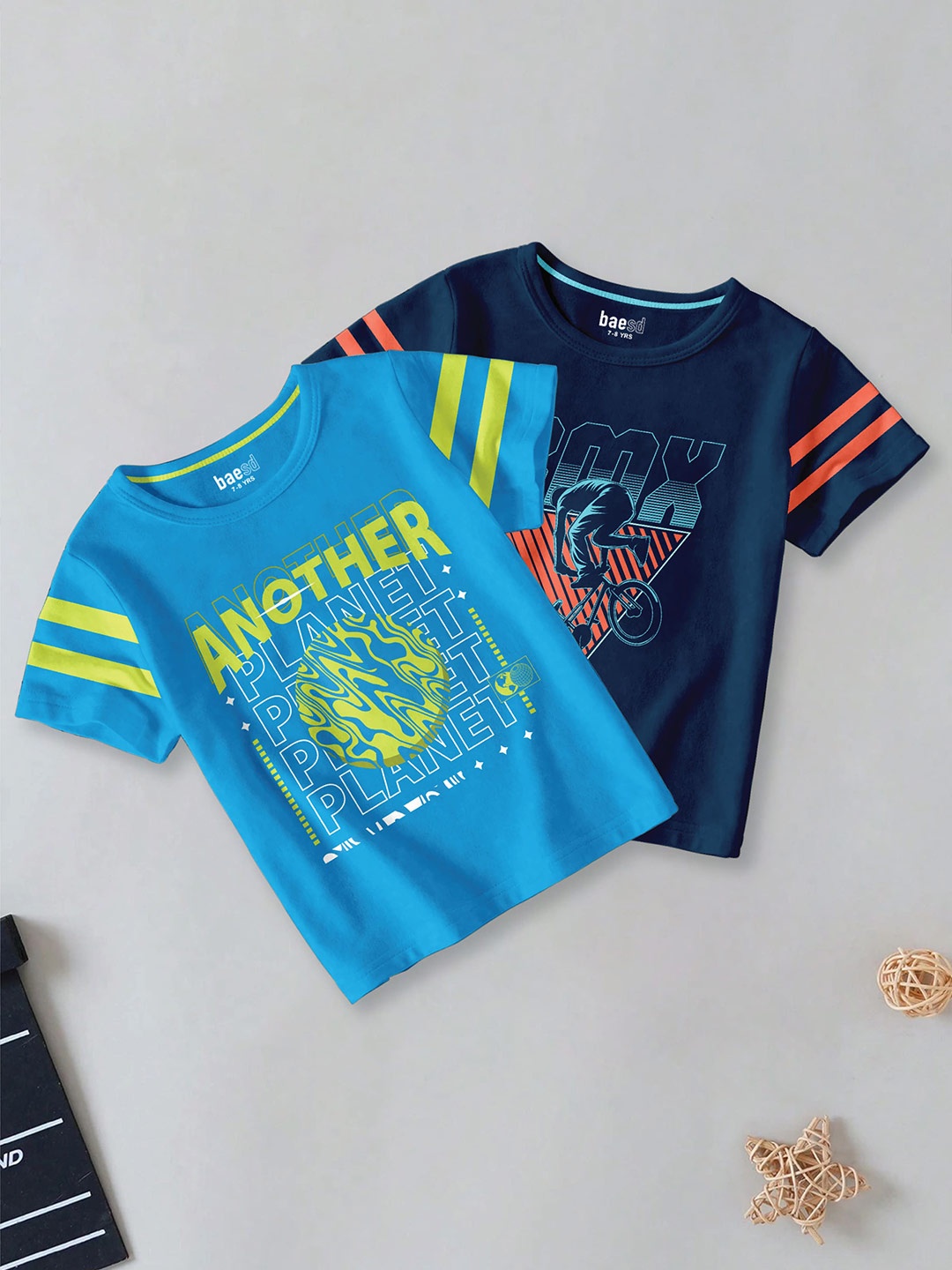 

BAESD Boys Pack Of 2 Typography Printed Round Neck Cotton T-shirt, Blue