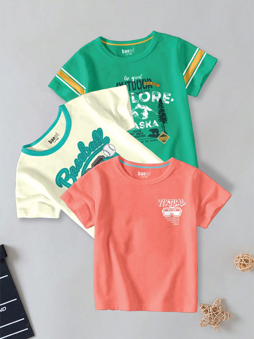 

BAESD Boys Pack Of 3 Typography Printed Round Neck Cotton T-shirt, Green