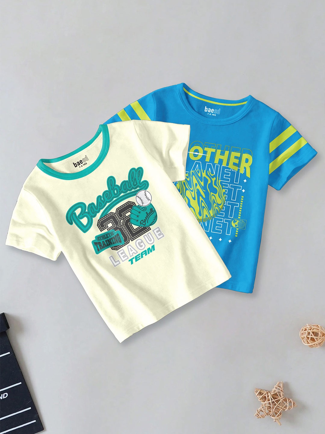 

BAESD Boys Pack Of 2 Typography Printed Round Neck Cotton Casual T-shirts, Yellow