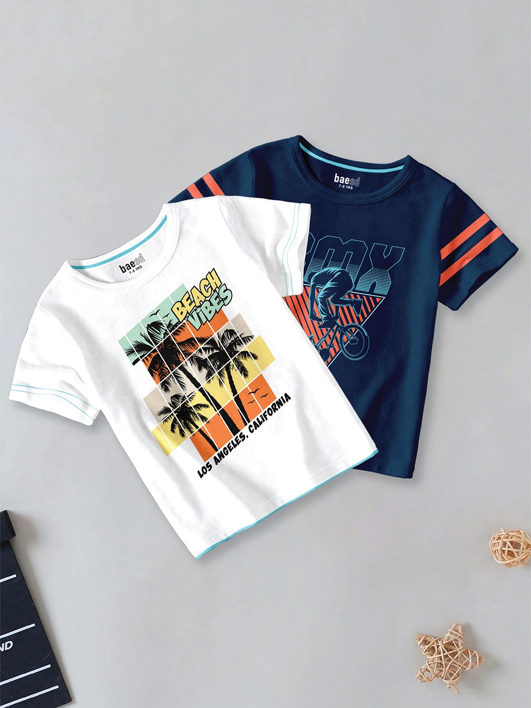 

BAESD Boys Pack Of 2 Typography Printed Round Neck Cotton T-shirt, Navy blue