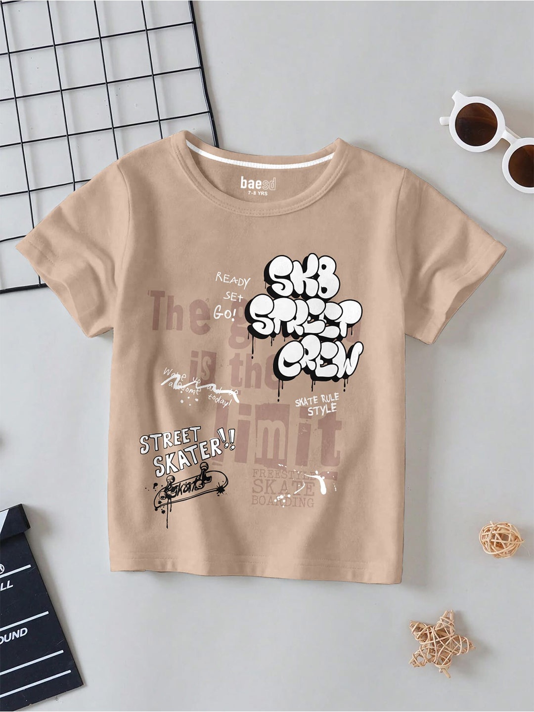 

BAESD Boys Typography Printed Round Neck Cotton T-shirt, Brown