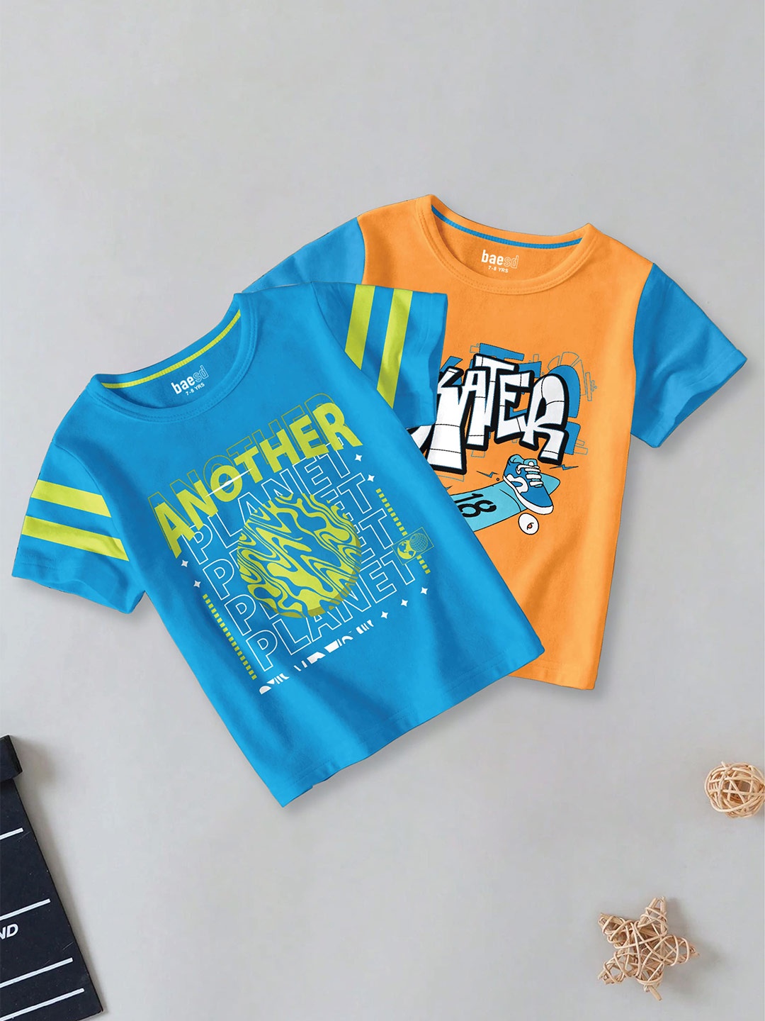 

BAESD Boys Pack Of 2 Typography Printed Round Neck Short Sleeves Cotton T-shirts, Blue