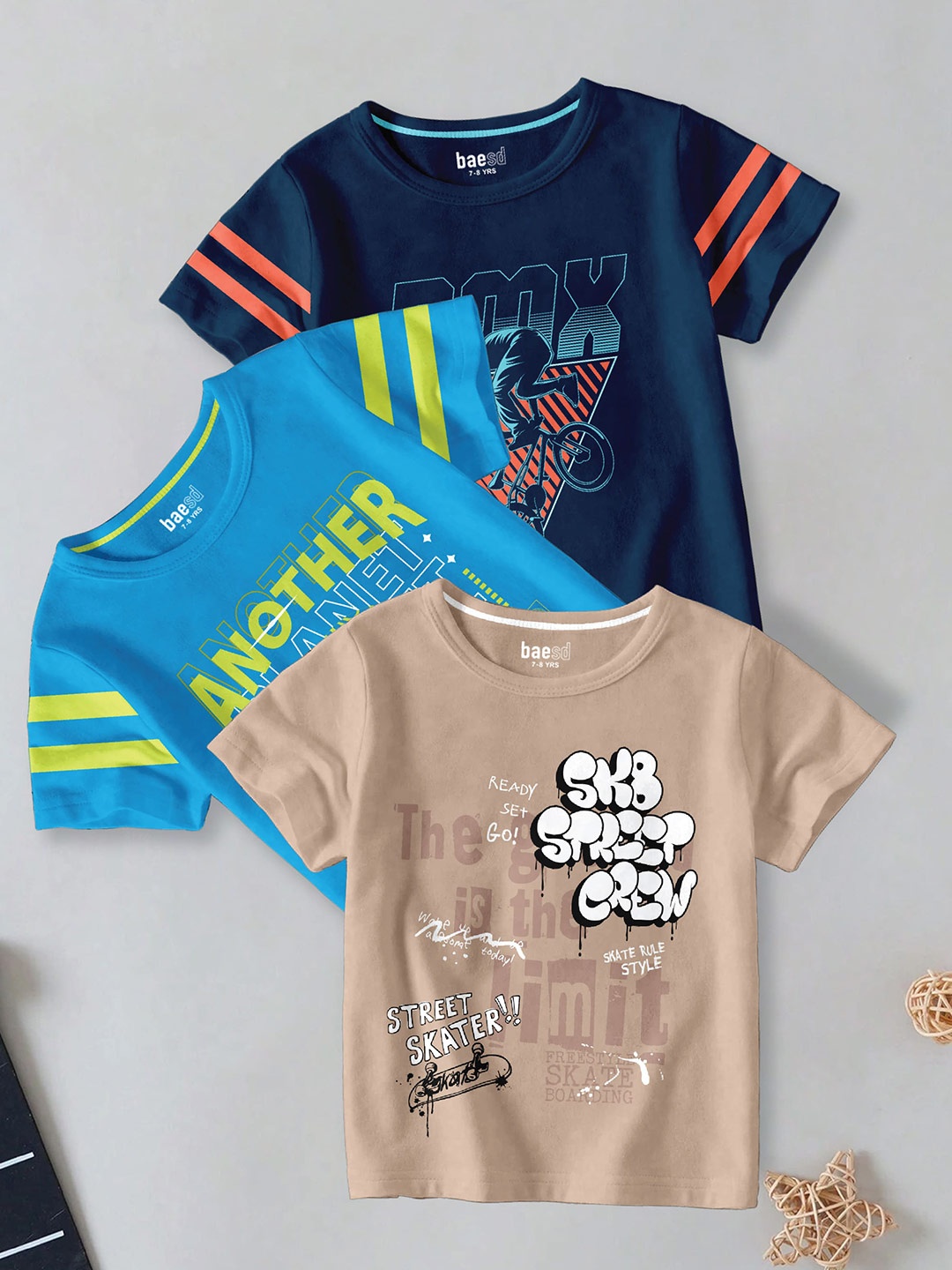 BAESD Boys Pack Of 3 Typography Printed Round Neck Cotton T-shirt, Navy blue