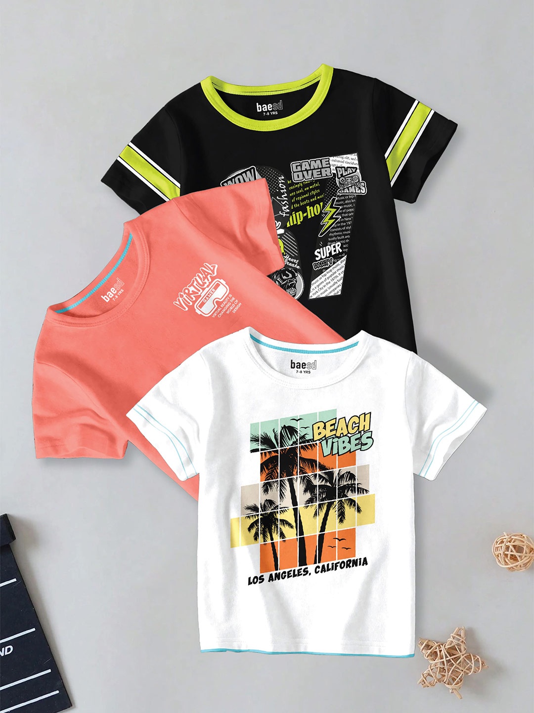 

BAESD Boys Pack Of 3 Typography Printed Round Neck Cotton T-shirt, Black