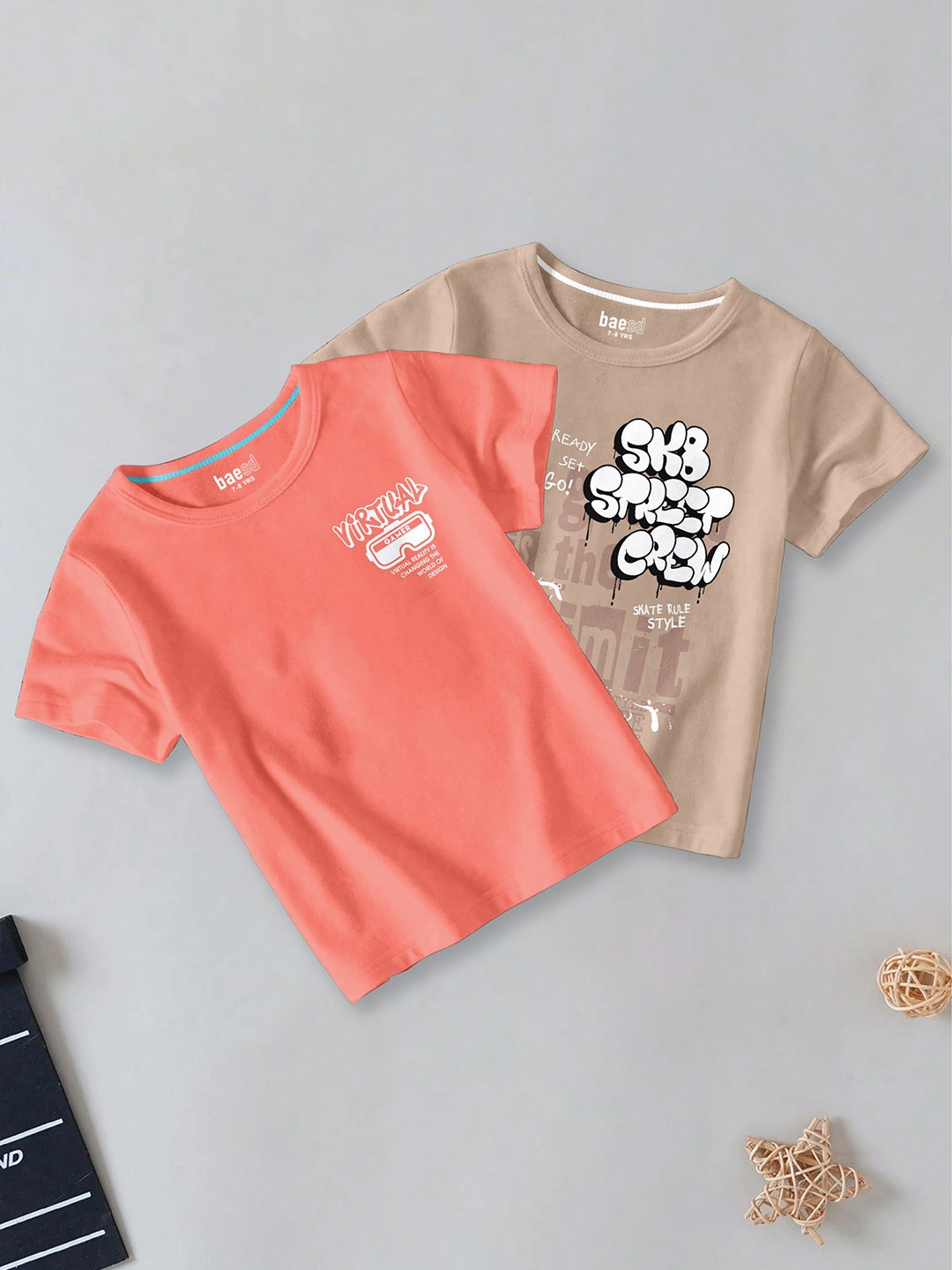 

BAESD Boys Pack of 2 Typography Printed Round Neck Cotton T-shirt, Peach