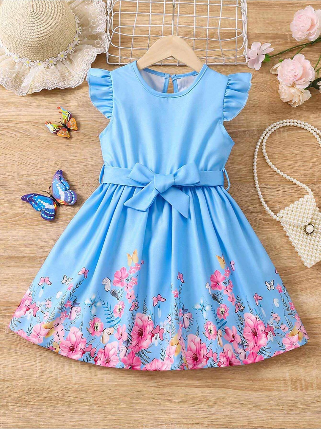

BAESD Girls Floral Print Flutter Sleeve Round Neck Knee Length Cotton Fit & Flare Dress, Turquoise blue
