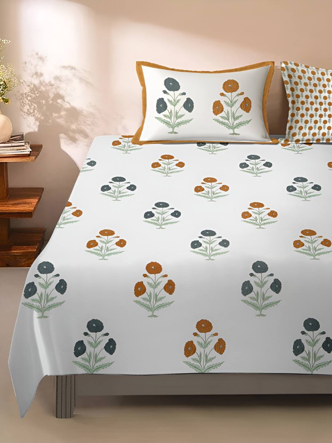 

Rajasthan Decor White & Green Floral 220 TC King Bedsheet with 2 Pillow Covers