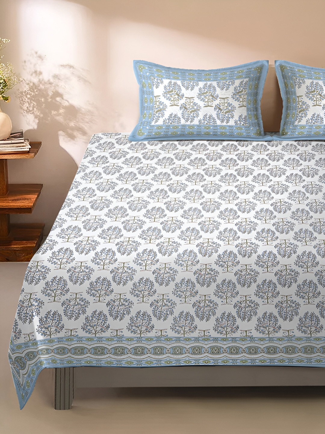 

Rajasthan Decor White & Blue Floral 120 TC King Bedsheet with 2 Pillow Covers