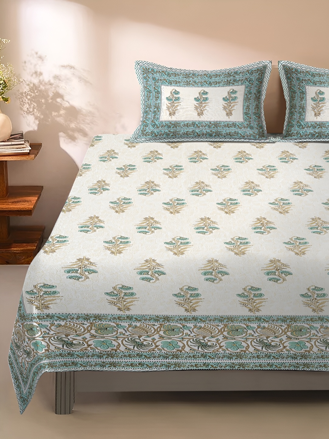 

Rajasthan Decor White & Green Floral 120 TC King Bedsheet with 2 Pillow Covers
