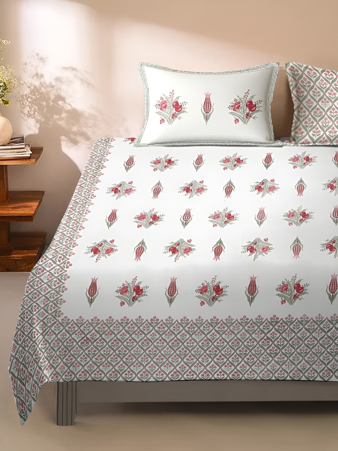 

Rajasthan Decor White & Pink Floral 220 TC King Bedsheet with 2 Pillow Covers