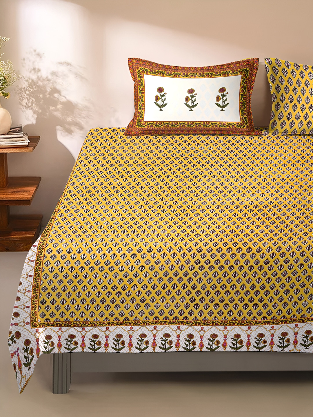 

Rajasthan Decor Yellow & White Floral 180 TC King Bedsheet with 2 Pillow Covers