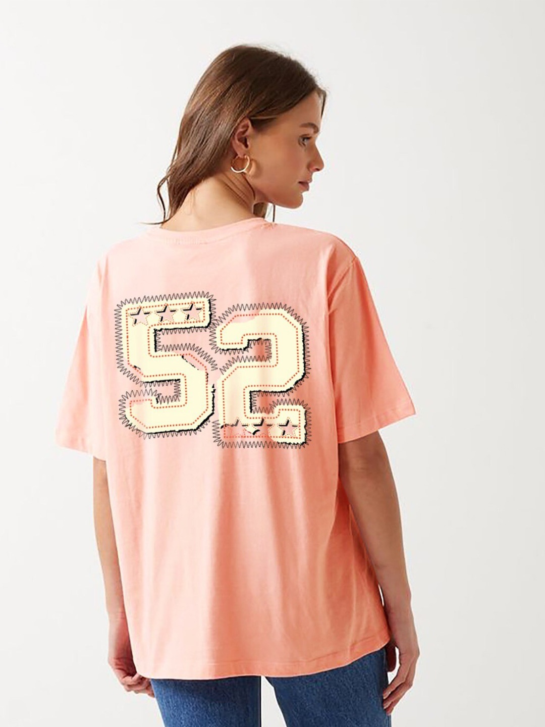 

MISCHIEF MONKEY Women Typography Printed Hooded Applique T-shirt, Peach