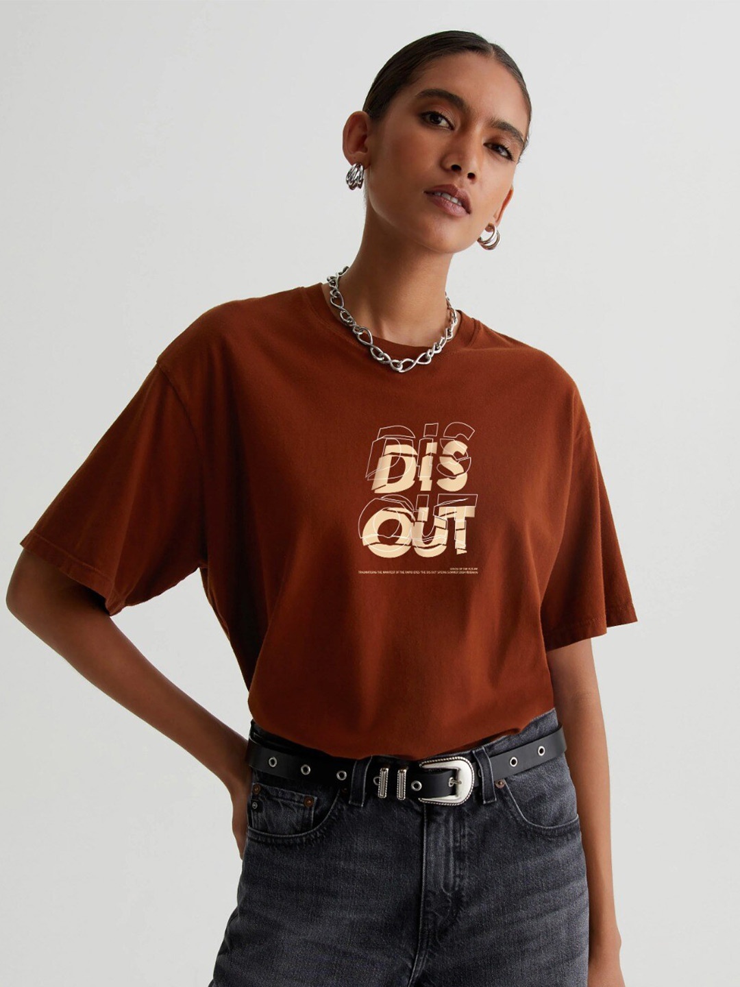 

MISCHIEF MONKEY Typography Printed Cotton T-shirt, Coffee brown