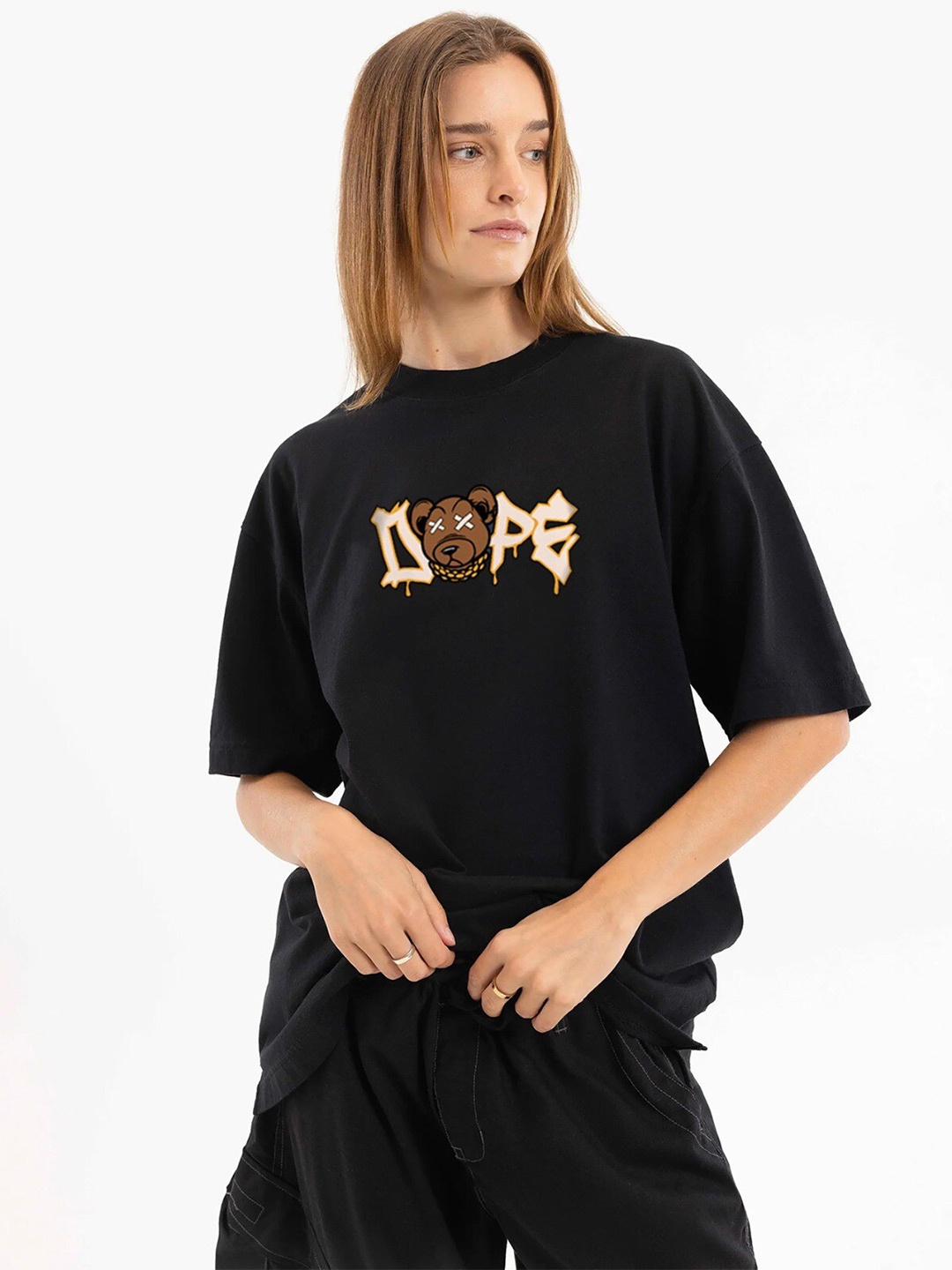 

MISCHIEF MONKEY Women Typography High Neck Applique T-shirt, Black