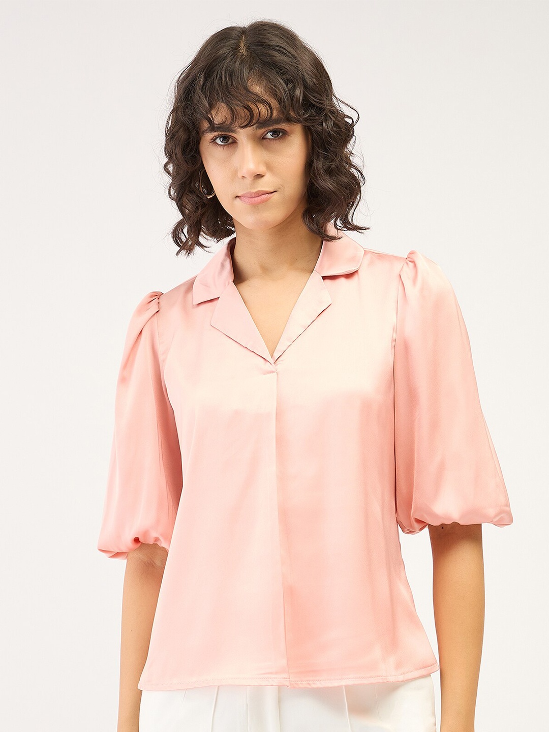 

SALT ATTIRE Notch Collar Puff Sleeve Shirt Style Top, Pink