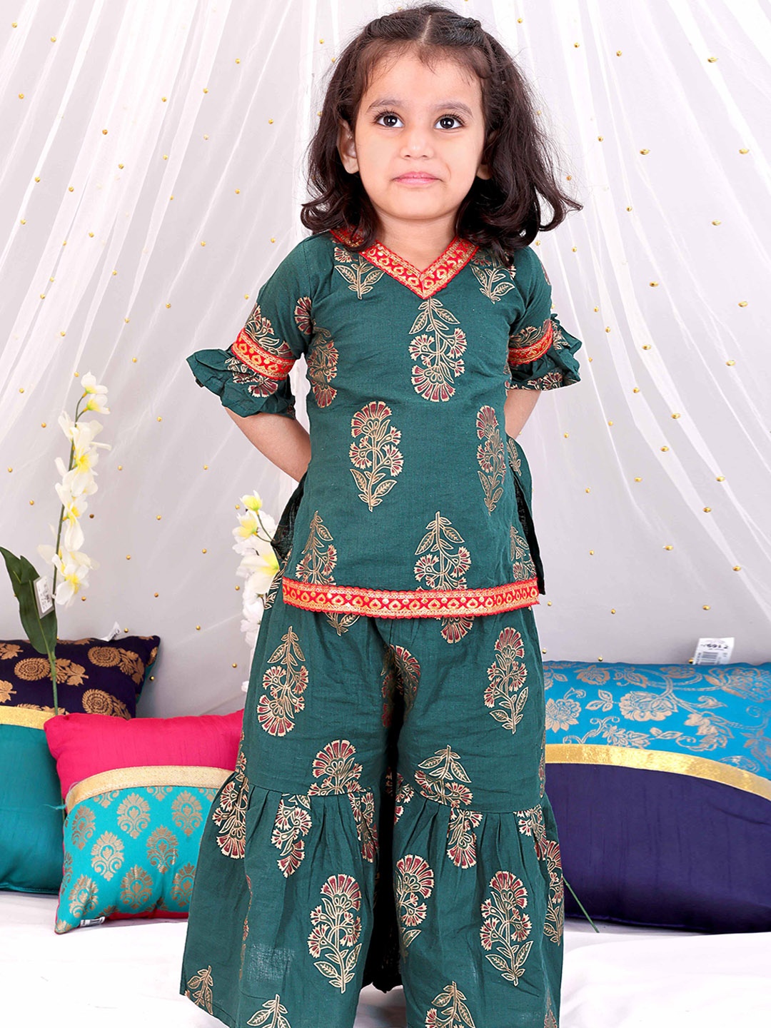 

KID1 Girls Floral Printed Regular Pure Cotton Kurta with Sharara, Green