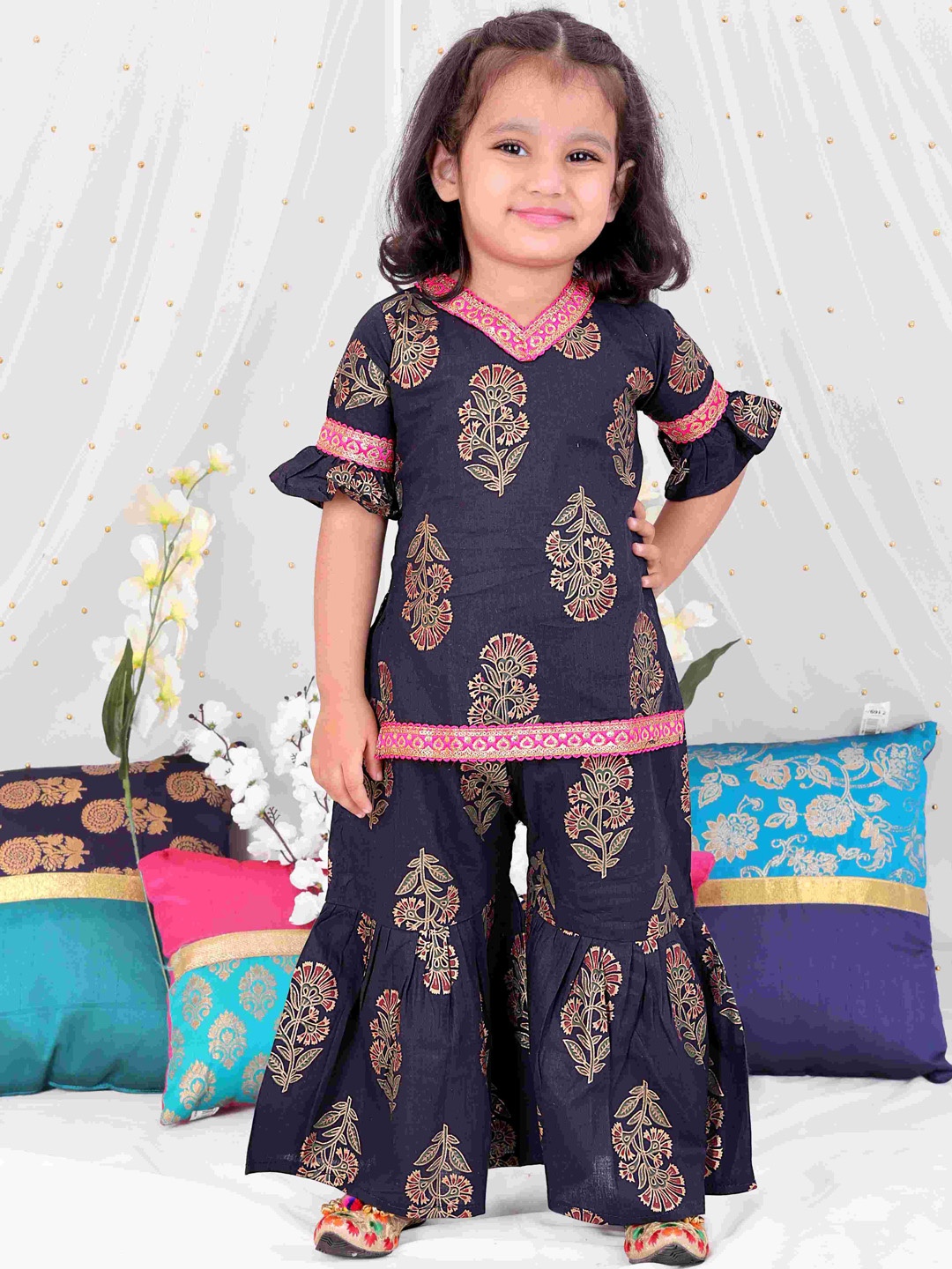 

KID1 Girls Ethnic Motifs Printed Regular Pure Cotton Kurti with Sharara, Navy blue