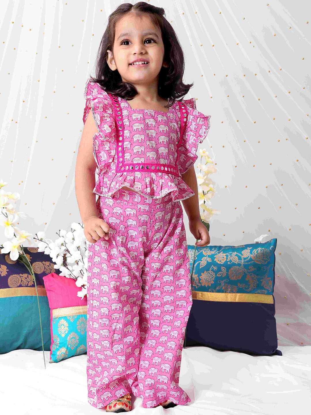 

KID1 Girls Elephant Printed Pure Cotton Top With Palazzos, Pink