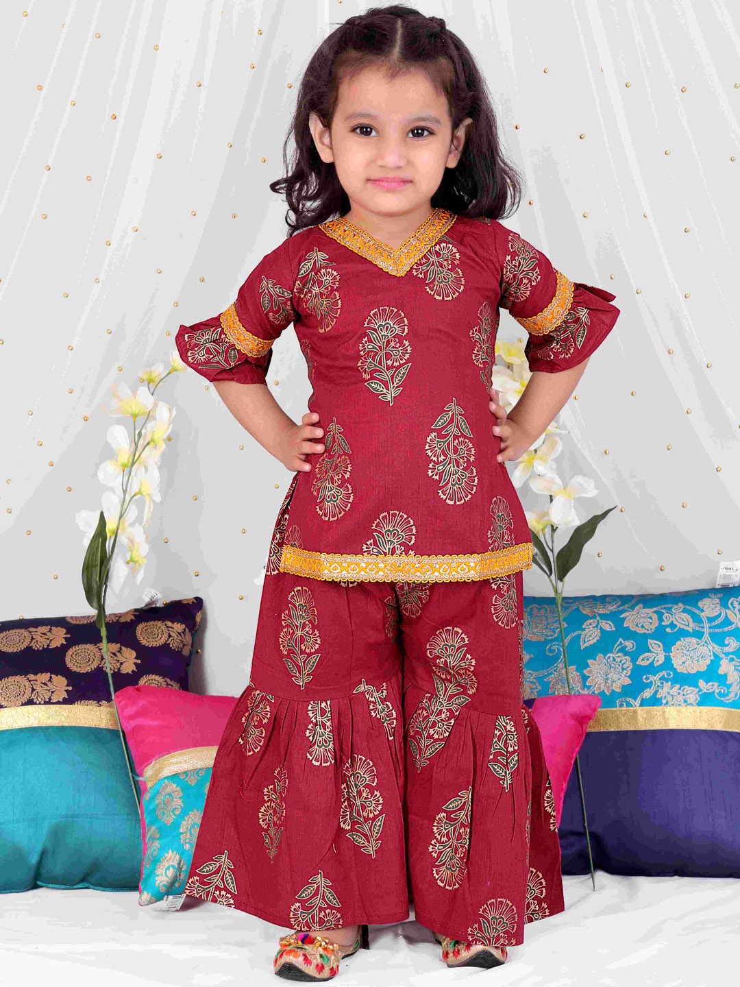 

KID1 Girls V Neck Ethnic Motifs Printed Regular Pure Cotton Kurti with Sharara, Maroon