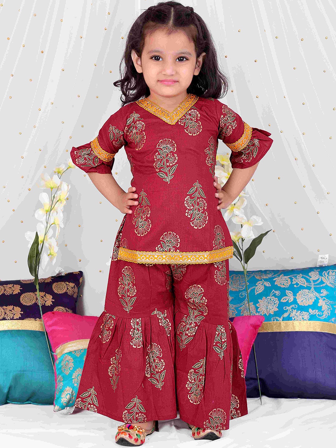 

KID1 Girls Ethnic Motifs Printed Regular Pure Cotton Kurti with Sharara, Maroon