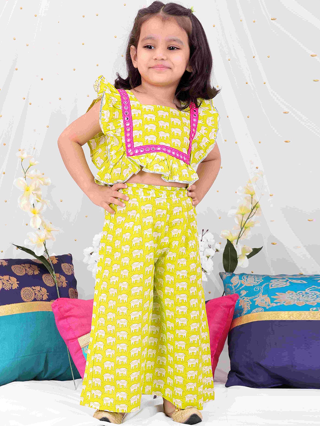 

KID1 Girls Elephant Printed Pure Cotton Top With Palazzos, Green